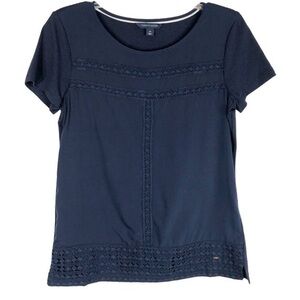 🩷 Tommy Hilfiger Top Navy Blue Tee Crochet Stripes Short Sleeve Crew